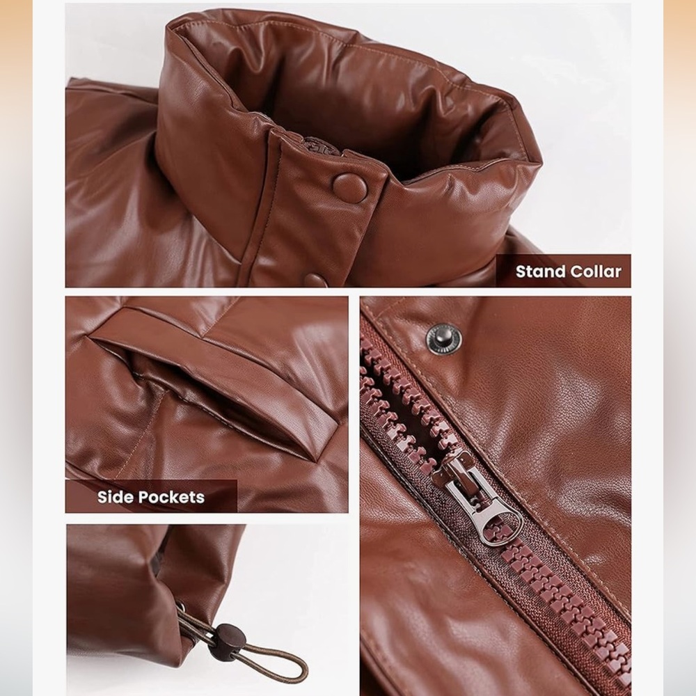 Amazon Puffer Vest Quilted Faux Leather Sleeveless Coat - Picture 4 of 4